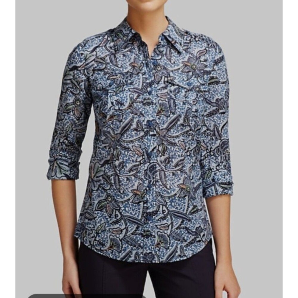 Tory Burch Blue Haven Emmarentia Print Brigitte L/S Blouse Top Size 8